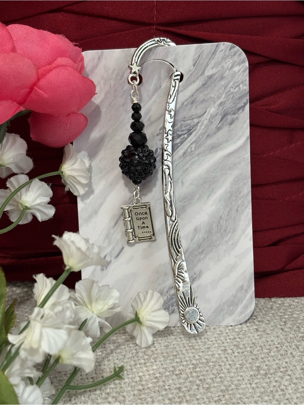 🌺Silver Floral Bookmark with Black Beaded 'Once Upon a Time' Charm